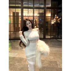 批发新款不规则白色斜肩长袖针织<b class='q'>连衣裙</b>女秋冬修身纯欲<b class='q'>中长</b>款包臀裙