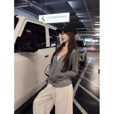 撞色条纹连帽长袖防晒外套女夏季宽松运动开衫慵懒风薄款拉链上衣