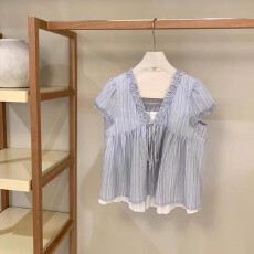 批发韩系甜美假两件飞飞袖衬衫女夏季设计感宽松百搭娃娃衫木耳边上衣