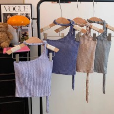 批发美背文胸一体性感挂脖抹胸格子吊带背心女露脐短款甜辣妹内衣上衣