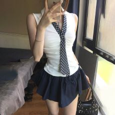 批发格纹拼接领带v领无袖T恤女装夏季白色修身收腰辣妹风显瘦百搭上衣