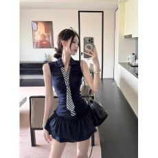 批发格纹拼接领带v领无袖T恤女夏季藏蓝色修身收腰辣妹风显瘦百搭上衣