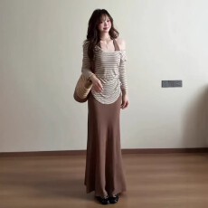 批发古独特别致条纹罩衫挂脖吊带连衣裙两件套性感风包臀露背裙26春