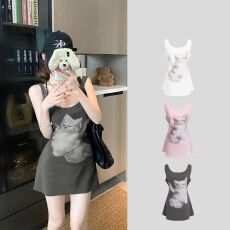 批发纯欲辣妹风大领口绑带两穿吊带裙夏季新款<b class='q'>可爱</b>猫咪印花背心裙子