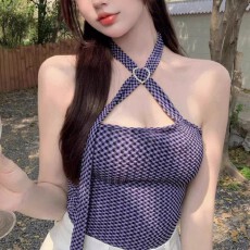 批发夏季美背上衣纯欲风性感挂脖抹胸格子<b class='q'>吊带</b><b class='q'>背心</b>女外穿<b class='q'>露</b><b class='q'>脐</b>短款百搭