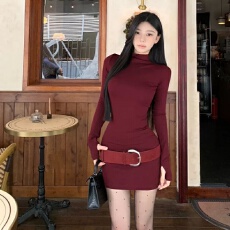 批发气质辣妹性感高领长袖连衣裙女御姐风显身材收腰修身显瘦包臀短裙