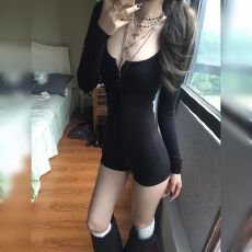 批发美式辣妹黑色显瘦连体衣纯欲风辣妹炸街一体式纽扣<b class='q'>长袖</b>连衣短裤