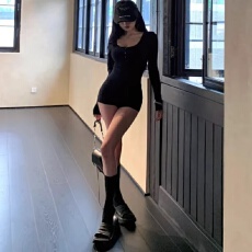 批发超弹柔软贴身高腰修身性感美式辣妹圆领纽扣<b class='q'>长袖</b>连体短裤女衣服