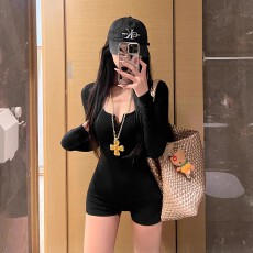 批发<b class='q'>长袖</b>连体短裤女美式辣妹圆领纽扣超弹柔软贴身高腰修身性感连体衣