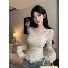 批发早春纯欲风蕾丝<b class='q'>长袖</b>带胸垫上衣女新款蝴蝶结修身显瘦内搭打底衫