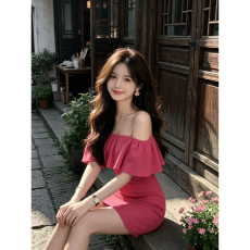 批发夏季法式<b class='q'>连衣裙</b>修身掐腰显身材辣妹<b class='q'>一字领</b>荷叶边时尚露肩包臀短裙