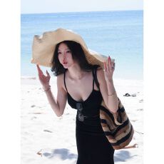 批发夏季新款海边黑色褶皱纯欲吊带开衫+鱼尾裙三件套女<b class='q'>时尚</b>性感套装