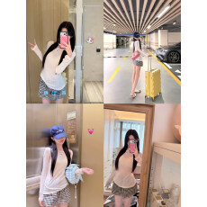 批发简约圆领T恤女春夏极简风长袖防晒<b class='q'>上衣</b>+黑白格半身裙夏季两件套装