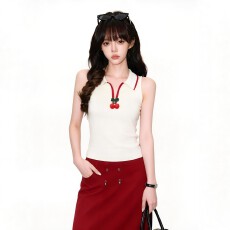 批发小众韩感翻领樱桃无袖T恤女<b class='q'>夏</b>季新款简约舒适感宽松百搭显瘦上衣