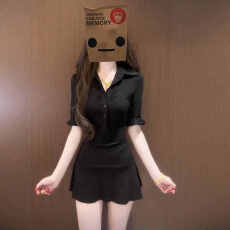 批发<b class='q'>韩版</b>辣妹风黑色收腰衬衫连衣裙女夏季polo领修身显瘦中袖包臀短裙