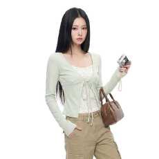 批发韩系假两件绑带长袖T恤女<b class='q'>秋</b>季浅绿色拼接碎花修身百搭通勤小上衣