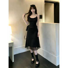 批发姐系贵感气质套装连衣裙子女<b class='q'>夏</b>季黑色波点吊带网纱包臀半裙两件套