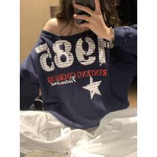 批发现货高品质曼巴棉300克美式复古印花斜肩卫衣女秋<b class='q'>冬</b>宽松上衣