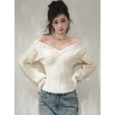 批发musmoro 两穿法立体麻花编织肌理感一字肩毛衣女内搭针织上衣