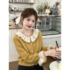 批发自留款推荐~娃娃领撞色喇叭袖针织开衫女秋<b class='q'>冬</b>新款甜美风百搭外套