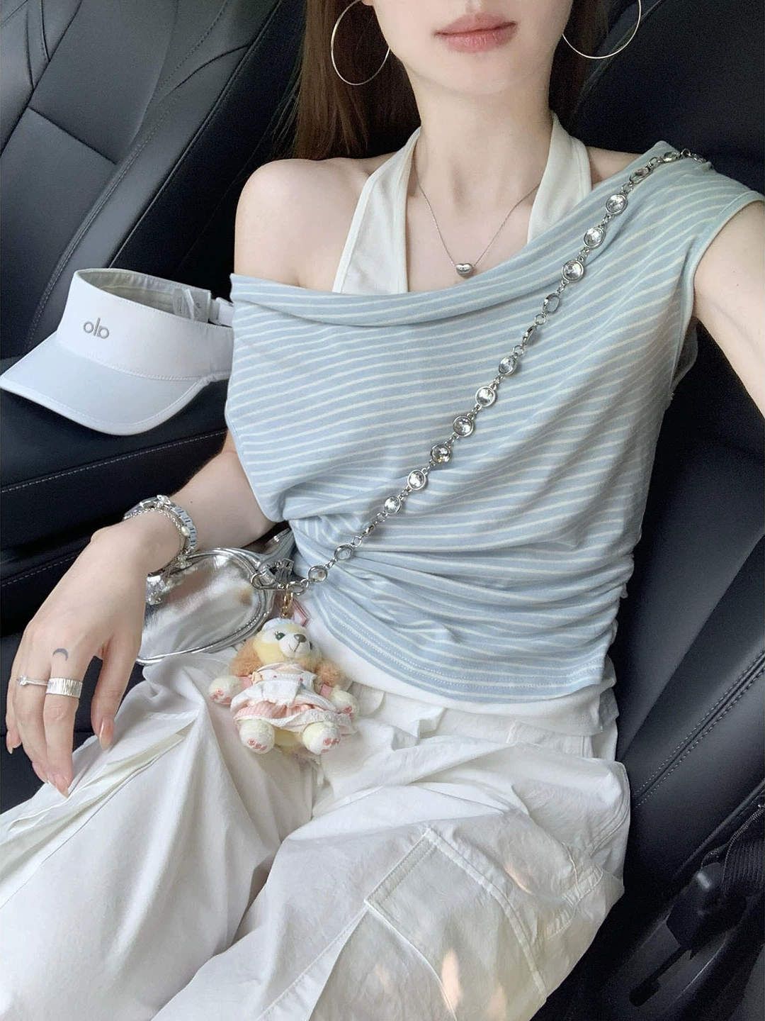 MY11119# 原版面料 天丝插色人棉 韩系假两件条纹短袖t恤女挂脖荡领上衣女裝貨源服裝批發