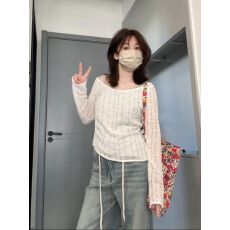 批发原版布料 法式气质别致假两件<b class='q'>T</b><b class='q'>恤</b>早秋露肩防晒<b class='q'>长袖</b>镂空打底衫韩