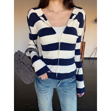 批发纯棉华棉复合双头拉链宽松休闲连帽开衫卫衣女秋撞色条纹外套上衣