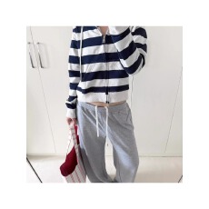 批发纯棉华棉复合双头拉链宽松休闲连帽开衫卫衣女秋撞色条纹外套上衣