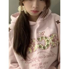 批发粉色贴布字母刺绣连帽卫衣<b class='q'>女</b>秋冬宽松甜酷慵懒风套头长袖外套上衣