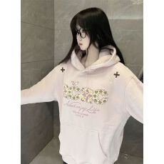 批发粉色贴布字母刺绣连帽卫衣<b class='q'>女</b>秋冬宽松甜酷慵懒风套头长袖外套上衣