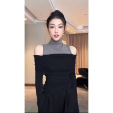 原版面料随心裁260克 韩系辣妹撞色假两件露肩小衫高领打底衫