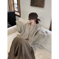 批发原版面料 加绒 条纹圆领<b class='q'>套头卫衣</b>宽松长袖上衣女