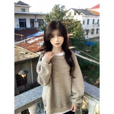 批发原版面料 加绒 条纹圆领<b class='q'>套头卫衣</b>宽松长袖上衣女