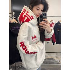 美式复古毛绒字母刺绣连帽卫衣女秋冬2025新款宽松加绒国潮牌外套