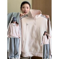 批发美式复古粉色蝴蝶结三条杠立领<b class='q'>卫衣</b>外套女春秋冬学院风<b class='q'>开衫</b>上衣潮