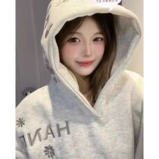 批发国潮牌美式重磅蝴蝶字母刺绣<b class='q'>连帽卫衣</b>女冬季加绒宽松休闲帽衫外套