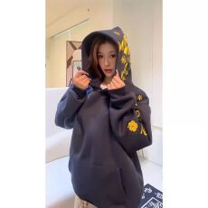 批发国潮牌美式重磅蝴蝶字母刺绣<b class='q'>连帽卫衣</b>女冬季加绒宽松休闲帽衫外套