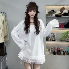 原版面料螺纹德绒270克 甜美风蕾丝拼接白色长袖T恤打底衫上衣