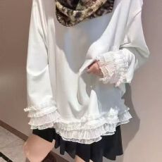原版面料螺纹德绒270克 甜美风蕾丝拼接白色长袖T恤打底衫上衣