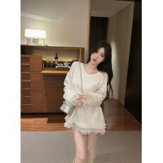 批发原版面料螺纹德绒270克 <b class='q'>甜美</b>风蕾丝拼接白色长袖T恤打底衫上衣