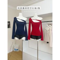 批发原版面料莫代尔 磨毛镂空长袖加绒加厚胸垫显瘦内搭纯欲<b class='q'>露肩</b>上衣