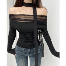 批发人棉磨毛纯欲风性感<b class='q'>露肩</b>网纱绑带上衣法式一字肩长袖<b class='q'>T</b><b class='q'>恤</b>打底衫女