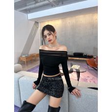 批发人棉磨毛纯欲风性感<b class='q'>露肩</b>网纱绑带上衣法式一字肩长袖<b class='q'>T</b><b class='q'>恤</b>打底衫女