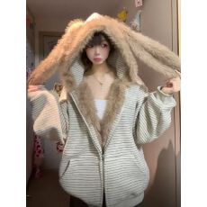 美式复古潮牌条纹兔耳加绒开衫卫衣女秋冬新款连帽情侣毛领厚外套