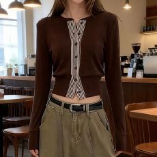 批发原版230克羊毛绒女秋季条纹拼接开衫收腰上衣 圆领长袖T恤衫