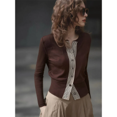 批发原版230克羊毛绒女秋季条纹拼接开衫收腰上衣 圆领长袖T恤衫