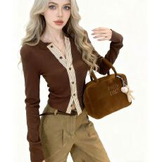 批发原版230克羊毛绒女秋季条纹拼接开衫收腰上衣 圆领长袖T恤衫