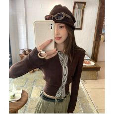 批发原版230克羊毛绒女秋季条纹拼接开衫收腰上衣 圆领长袖T恤衫