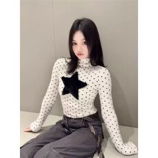批发2025新款原版罗纹德绒270<b class='q'>克</b> 复古波点星星长袖打底衫女上衣