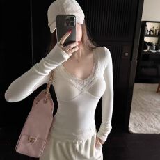 批发原版面料270克德绒 <b class='q'>蕾丝拼接</b>V领长袖T恤秋冬打底上衣